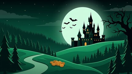 Fototapeta premium Spooky halloween landscape with a dark castle silhouetted against a bright full moon and winding path