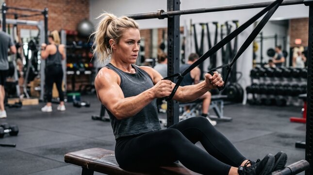 Fit Woman Performing TRX Rows in a Gym with Intense Focus and Muscular Definition