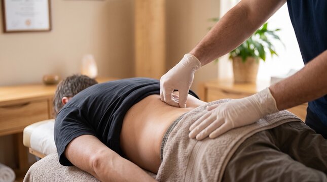 Physiotherapist in white gloves, bare back with gloves touching skin, performing palpation therapy, in medical clinic room, healthcare photography