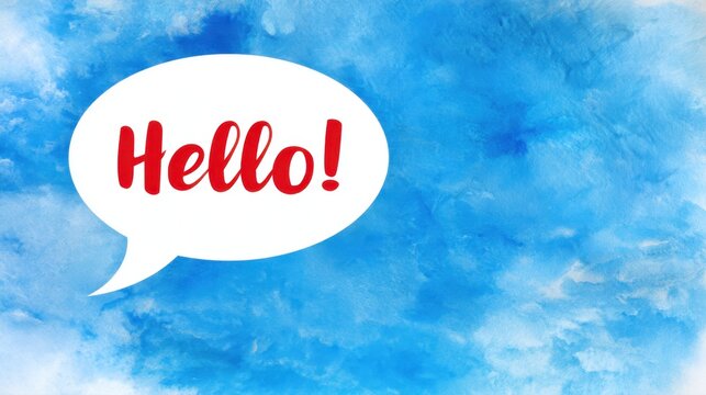 Speech bubble with red hello text on a bright blue watercolor textured background for greeting or communication concepts in design and presentation