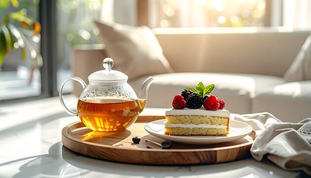 Cozy tea and cake still life featuring a glass teapot of amber tea, berry-topped sponge cake, and wooden serving tray illuminated by golden window light.