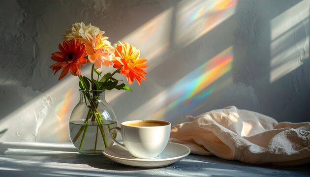 Minimalist interior still life featuring peach flowers in a clear vase, white coffee cup and saucer, scattered petals, and warm sunlight with soft rainbow accents.