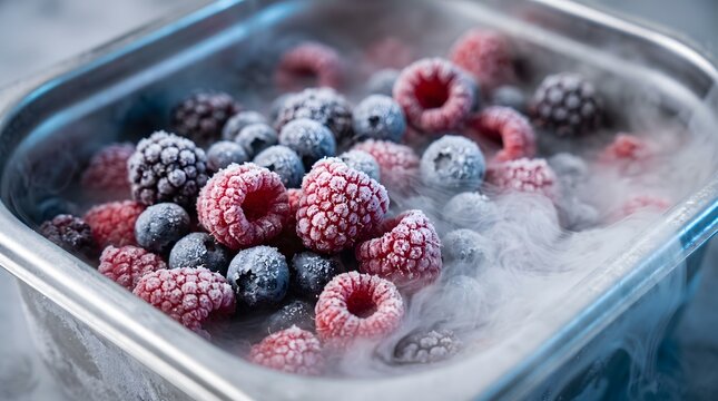 Fresh frozen raspberries and blueberries covered with ice frost inside stainless steel container with cold vapor.