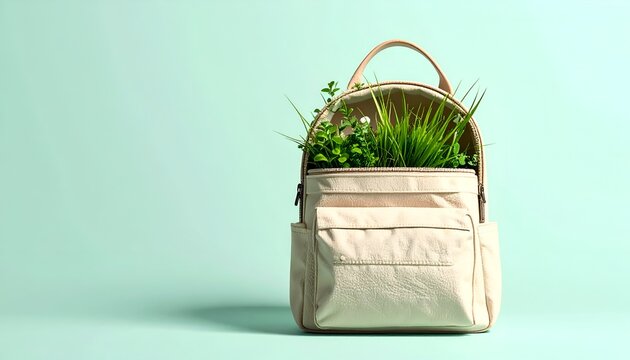 White backpack with abundant greenery emerging from its main compartment, set against a mint backdrop with dramatic shadows, symbolizing sustainable lifestyle, nature integration, and creative environ