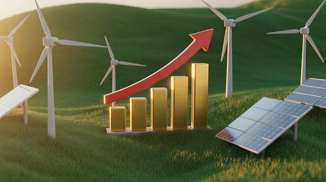 Green Energy Market Growth Represented by Gold Financial Bar Chart and Red Arrow Amidst Wind Turbines and Solar Panels