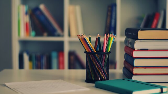 A Close-Up Photograph of a Hand Reaching Towards a Desk Featuring Stacks of Books and Colorful Pencils for Studying