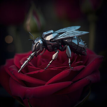 Futuristic mechanical bee on red rose, robotic insect with metallic armor plating on velvet flower petals. Cybernetic honeybee drone in dark moody garden