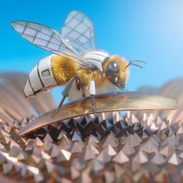 Futuristic robotic bee with solar panel wings on a geometric metal flower, bionic honeybee drone with white armor and yellow fur, cybernetic insect technology concept for environmental