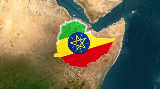 3D Satellite Map Animation Highlighting Ethiopia with Flag Texture and Waving National Flag