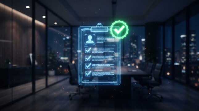 Futuristic glowing digital clipboard displaying project overview and checkmarks, symbolizing successful task approval, data validation, and business workflow