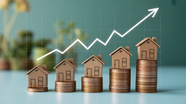Rising Real Estate Market Trends Featuring Miniature Wooden Houses Stacked on Coin Columns with a Growing Upward Financial Graph