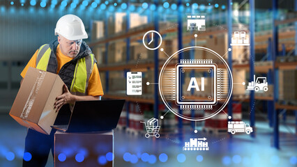 AI warehouse logistics, worker uses artificial intelligence to manage inventory, orders, cargo...