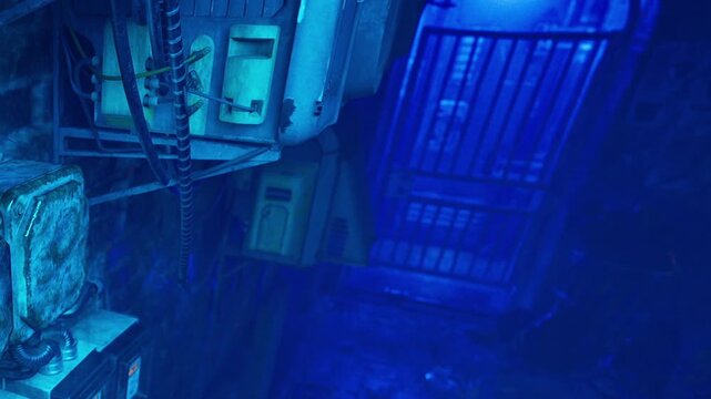 An alley is shown with blue lights illuminating the walls. There are electrical boxes on the side. A metal gate is visible at the end of the alley. The setting is urban and somewhat secluded.