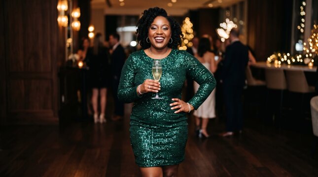 Woman in Green Sequin Dress Holding Champagne at a Festive Holiday Party Celebration