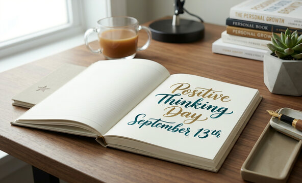 Positive Thinking Day typography written in an open notebook on a modern office desk