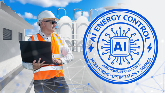 AI energy control. Engineer uses a laptop to monitor and optimize power generation, energy consumption and automated management at an industrial facility.