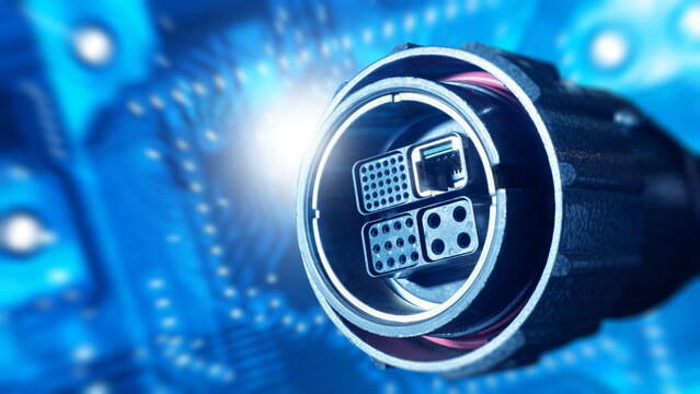 Industrial electronics. Multipin electrical connector provides power, data and signal transmission for automated machinery, robotics and control systems.