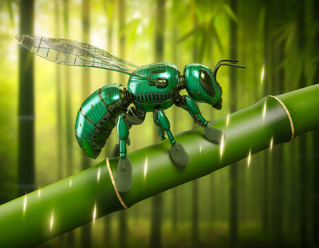 Futuristic robotic wasp with metallic green armor crawling on bamboo stalk, mechanical insect drone in lush bamboo forest, high-tech bionic hornet featuring intricate chrome plating and
