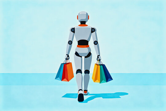 A flat illustration of a humanoid robot walking away while holding multiple colorful shopping bags, representing automated shopping concepts.