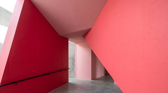Pink and red walls intersecting in a bold spatial composition