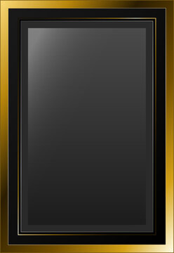 Elegant vertical gold and black rectangular frame border with metallic gradient bevels and dark gray blank copy space, designed as an isolated vector illustration on a white background.