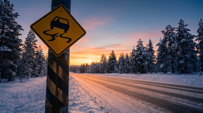 Yellow warning sign indicating slippery road conditions on a snowy winter highway during a beautiful sunset with snow covered trees road sign ice caution driving hazard traffic