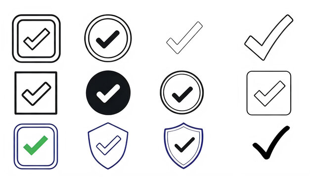 Set of diverse checkmark icons with gear and settings symbols for user interface design, isolated on transparent background