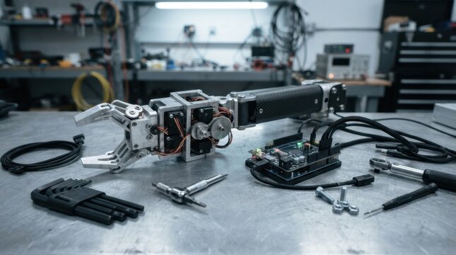 Digital robotics toolkit with robotic gripper, microcontroller board, hex keys, torque wrench, carbon fiber arm segment, and braided sensor cables.