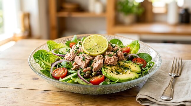 Fresh Tuna Salad with Avocado and Lime in Glass Bowl on Wooden Table for Healthy Organic Diet Food Lifestyle Concept
