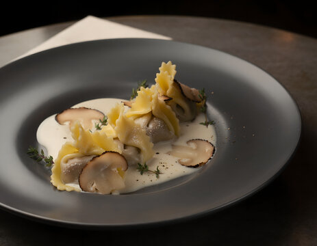 Gourmet mushroom ravioli pasta with creamy white sauce and fresh herbs, elegant italian fine dining dish on a matte black plate, luxury culinary food photography for restaurant menus and blogs