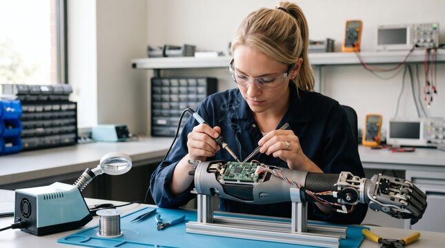 Female engineer soldering circuit board on prosthetic arm in a high-tech laboratory setting