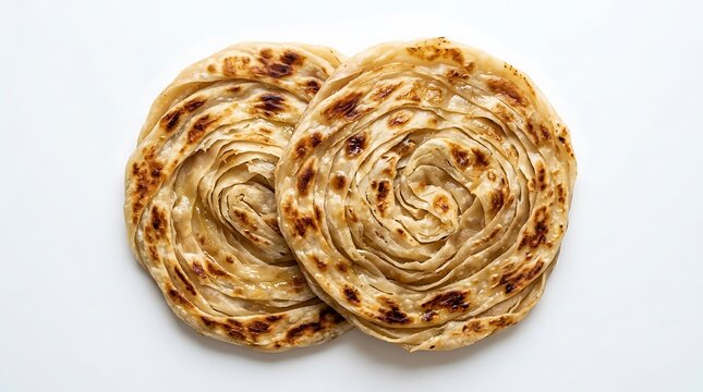Two Crispy Malabar Parotta Layered Flatbread on White Background for Indian Restaurant Menu and Food Blog Promotion