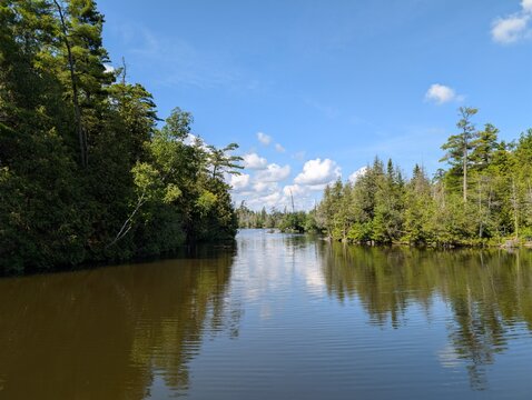 A small, tree-covered island in the middle of a lake at dawn in the forest. Beautiful nature in Ontario, Canada.
