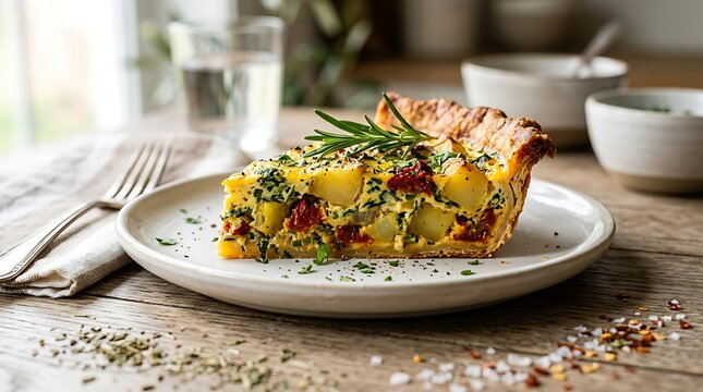 Savory Potato and Spinach Quiche Slice Food Photography on Rustic Wooden Table for Gourmet Breakfast Brunch Menu Dish