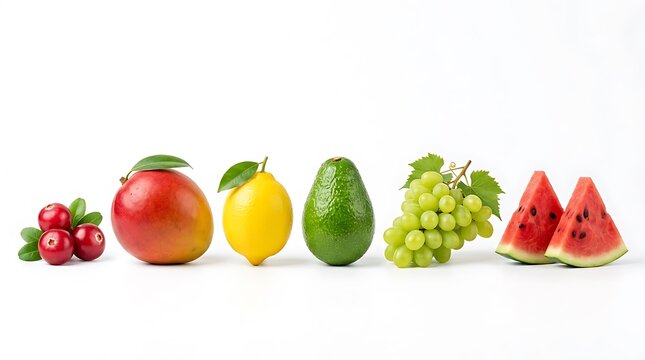 Assorted fresh fruits mango avocado lemon grapes watermelon row isolated on white background for health web banner.