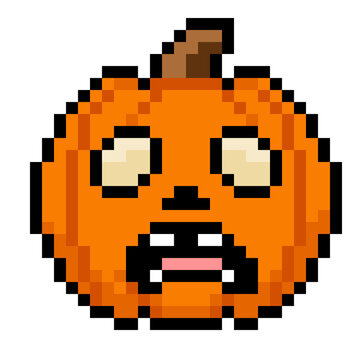 Pixel Art Cute funny derpy Halloween Pumpkin Jack O Lantern with Funny Shocked Face