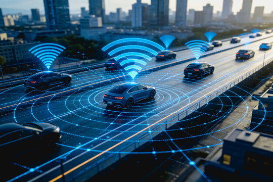Autonomous connected vehicles operate on a smart urban highway, with digital sensor networks and wireless communication for intelligent traffic management.