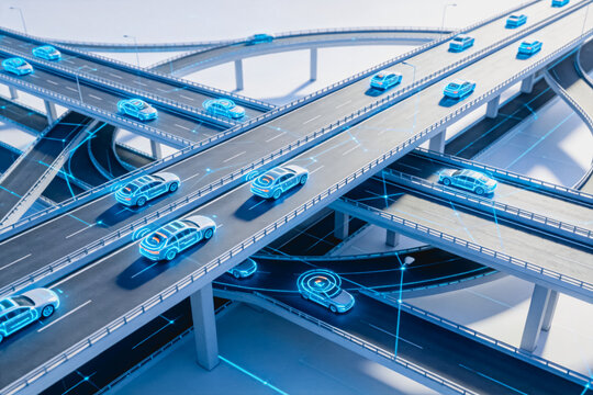Autonomous vehicles travel on a smart overpass network with digital connectivity for intelligent traffic management.