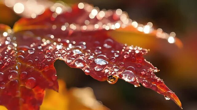 Macro Close-up of Vibrant Red Maple Leaf With Dew Drops During The Refreshing Autumn Fall Season Landscape