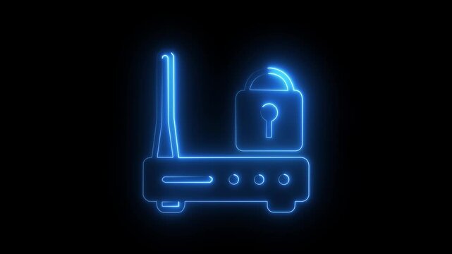 Neon Wi-Fi Router Security Icon neon outline of a wireless router with antennas and Wi-Fi signal animation on a dark background