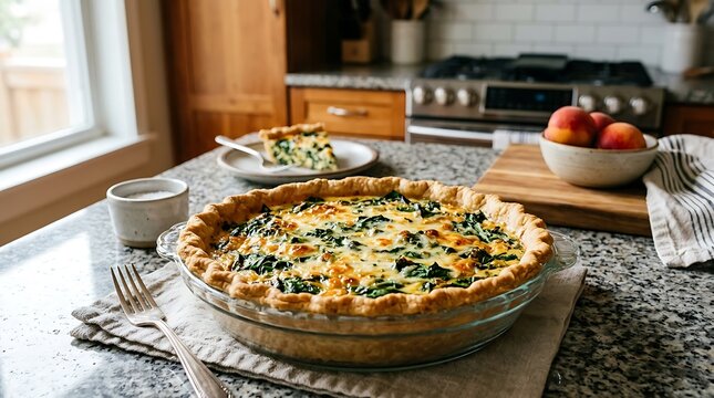 Homemade Spinach and Cheese Quiche in Glass Dish on Granite Kitchen Countertop Healthy Lifestyle Recipe Food Photo.
