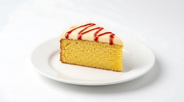 Slice of moist lemon sponge cake with cream frosting and strawberry drizzle on a white plate for bakery menu concept.
