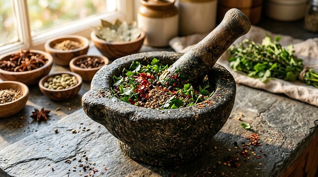 Traditional stone mortar and pestle with fresh herbs and colorful spices on rustic kitchen table for food blog banner