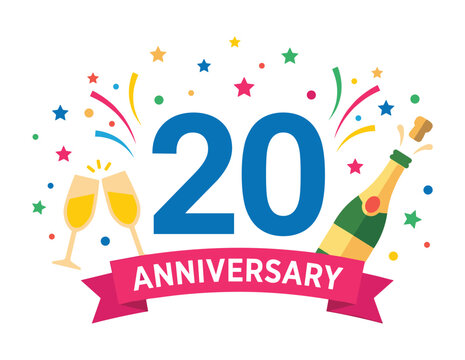 20th anniversary celebration banner, festive milestone event vector, champagne toast illustration design, colorful commemorative graphic template collection