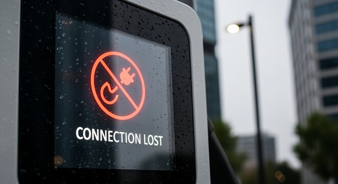 Electric Vehicle Charging Station Displaying Connection Lost Status on a Rainy Weather Day, Unusable