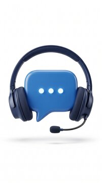 A blue speech bubble with ellipsis and a headset with microphone represents communication, support, and online interaction.