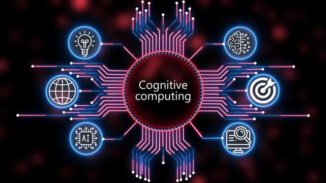 A glowing neon cognitive computing icon surrounded by smaller icons. management all connected in a digital circuit like pattern, manufacturing planning, manufacturing strategy. 4k