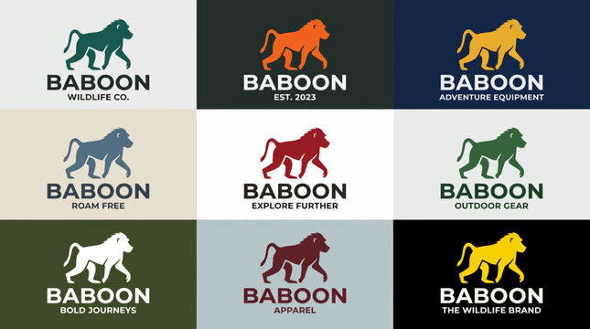 Collection of nine colorful baboon wildlife adventure logos.
