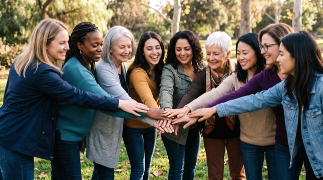Diverse group of women of different ages and ethnicities joining hands in unity and friendship outdoors