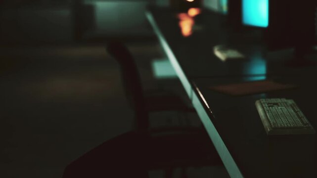 In a dark office space, a desk is visible with a computer screen glowing in blue. An empty chair sits next to the desk. The scene is quiet and suggests late hours.